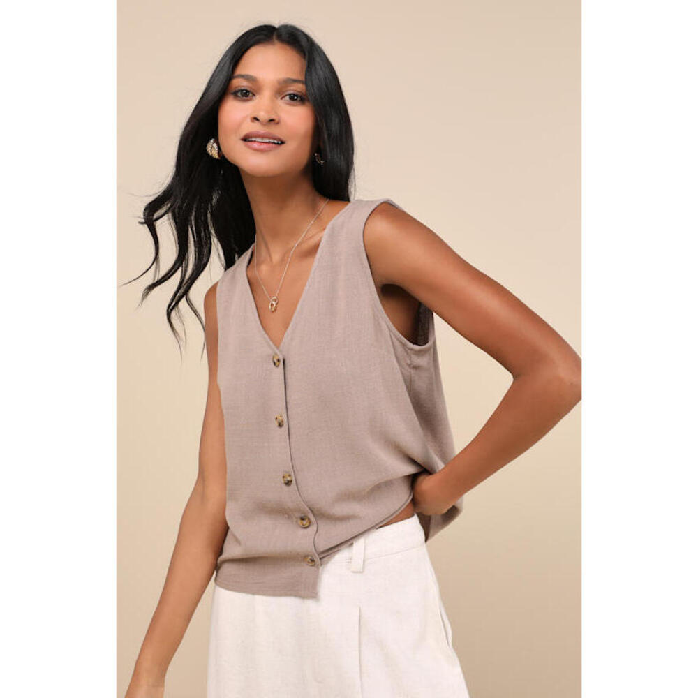 Lulus Casually Sophisticated Brown Linen Sleeveless Button-front Top - Size S